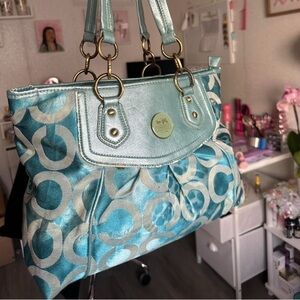 Coach Blue and Silver Patterned Shoulder Bag